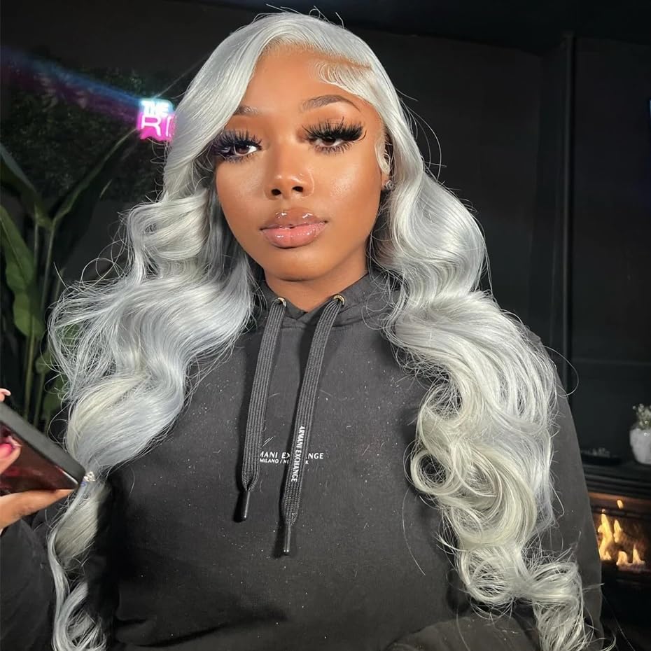 Coceioo Body Wave Grey Lace Front Wigs Human Hair, 13x6 Gray Lace Front Wig Human Hair, Glueless Silver Grey Wig Human Hair Pre Plucked 30 Inch Body Wave Gray Wigs