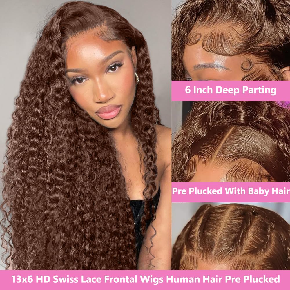 Coceioo™ Brown Human Hair Wig 13x6 HD Deep Wave Lace Front Wigs Human Hair 200 Density Colored Chocolate Brown Deep Curly Lace Frontal Wigs Brown Wig for Women