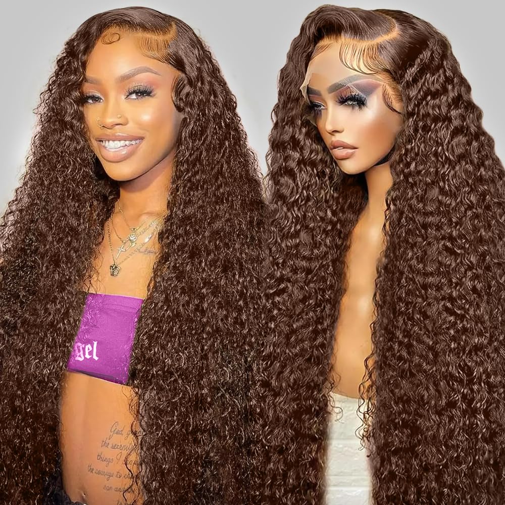 Coceioo™ Brown Human Hair Wig 13x6 HD Deep Wave Lace Front Wigs Human Hair 200 Density Colored Chocolate Brown Deep Curly Lace Frontal Wigs Brown Wig for Women