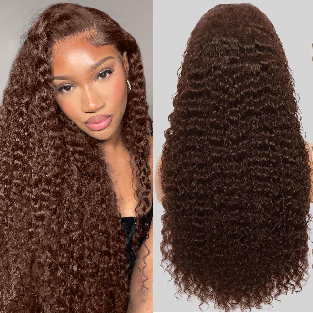 Coceioo™ Brown Human Hair Wig 13x6 HD Deep Wave Lace Front Wigs Human Hair 200 Density Colored Chocolate Brown Deep Curly Lace Frontal Wigs Brown Wig for Women