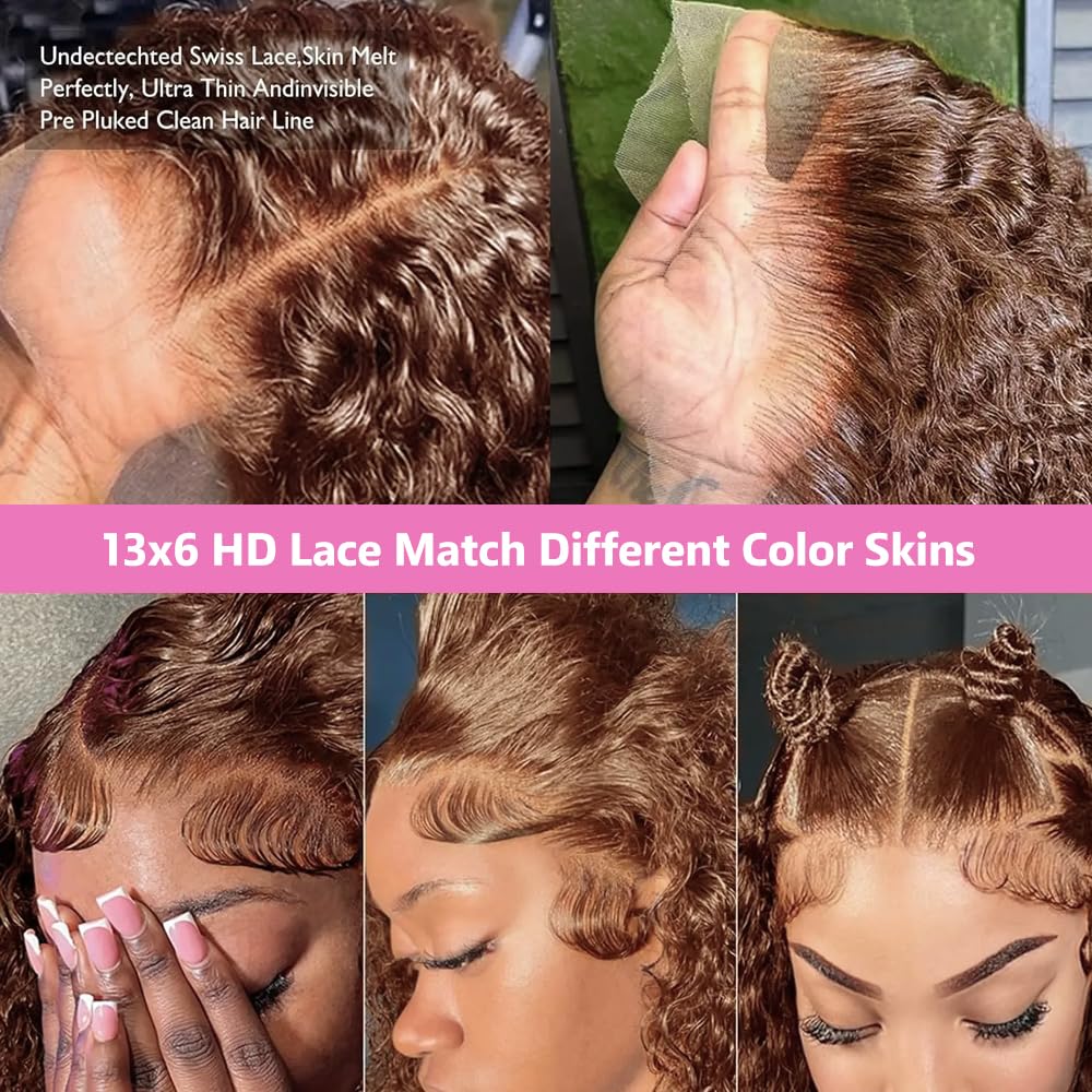 Coceioo™ Brown Human Hair Wig 13x6 HD Deep Wave Lace Front Wigs Human Hair 200 Density Colored Chocolate Brown Deep Curly Lace Frontal Wigs Brown Wig for Women