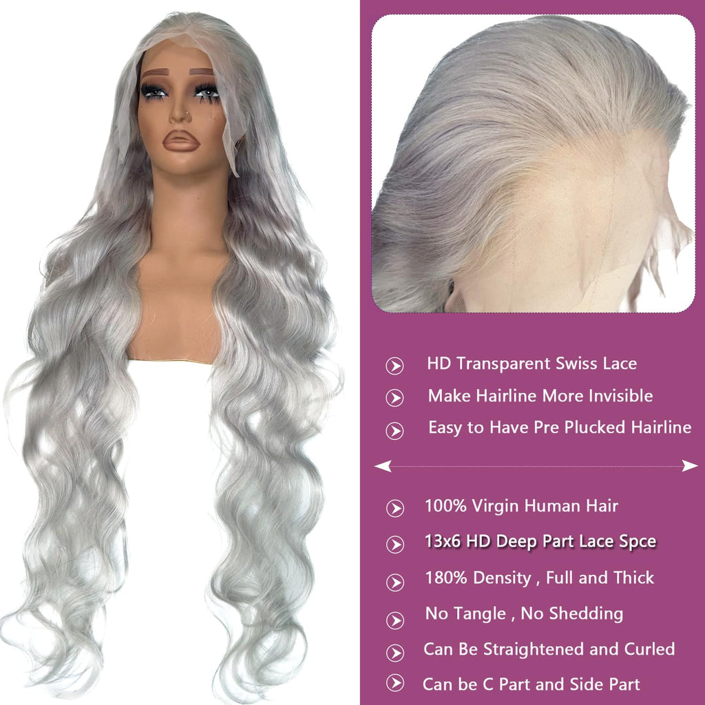 Coceioo Body Wave Grey Lace Front Wigs Human Hair, 13x6 Gray Lace Front Wig Human Hair, Glueless Silver Grey Wig Human Hair Pre Plucked 30 Inch Body Wave Gray Wigs