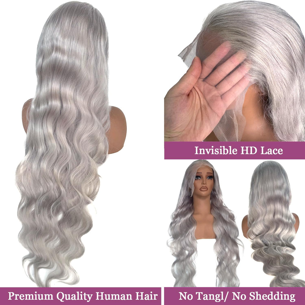 Coceioo Body Wave Grey Lace Front Wigs Human Hair, 13x6 Gray Lace Front Wig Human Hair, Glueless Silver Grey Wig Human Hair Pre Plucked 30 Inch Body Wave Gray Wigs