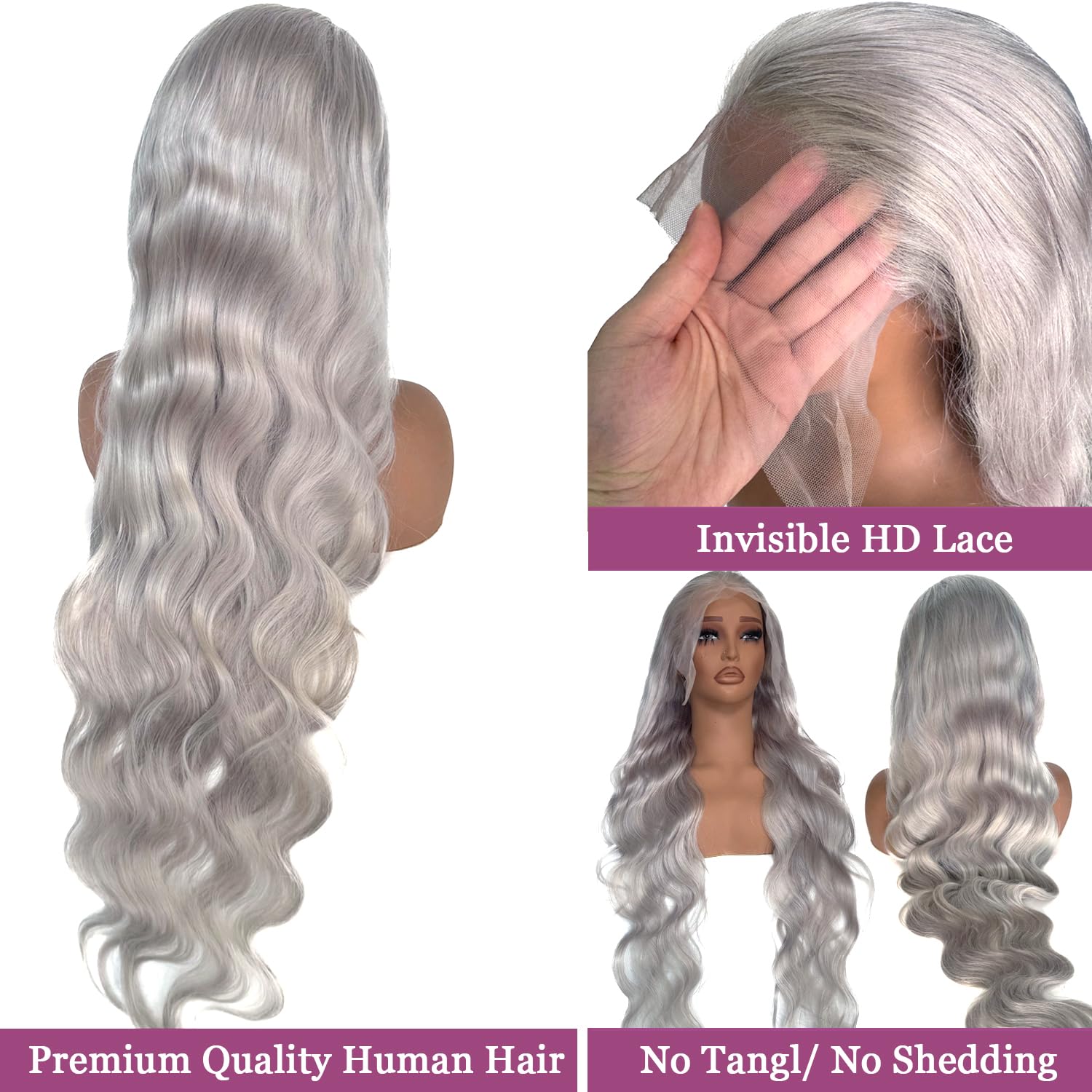 Coceioo Body Wave Grey Lace Front Wigs Human Hair, 13x6 Gray Lace Front Wig Human Hair, Glueless Silver Grey Wig Human Hair Pre Plucked 30 Inch Body Wave Gray Wigs