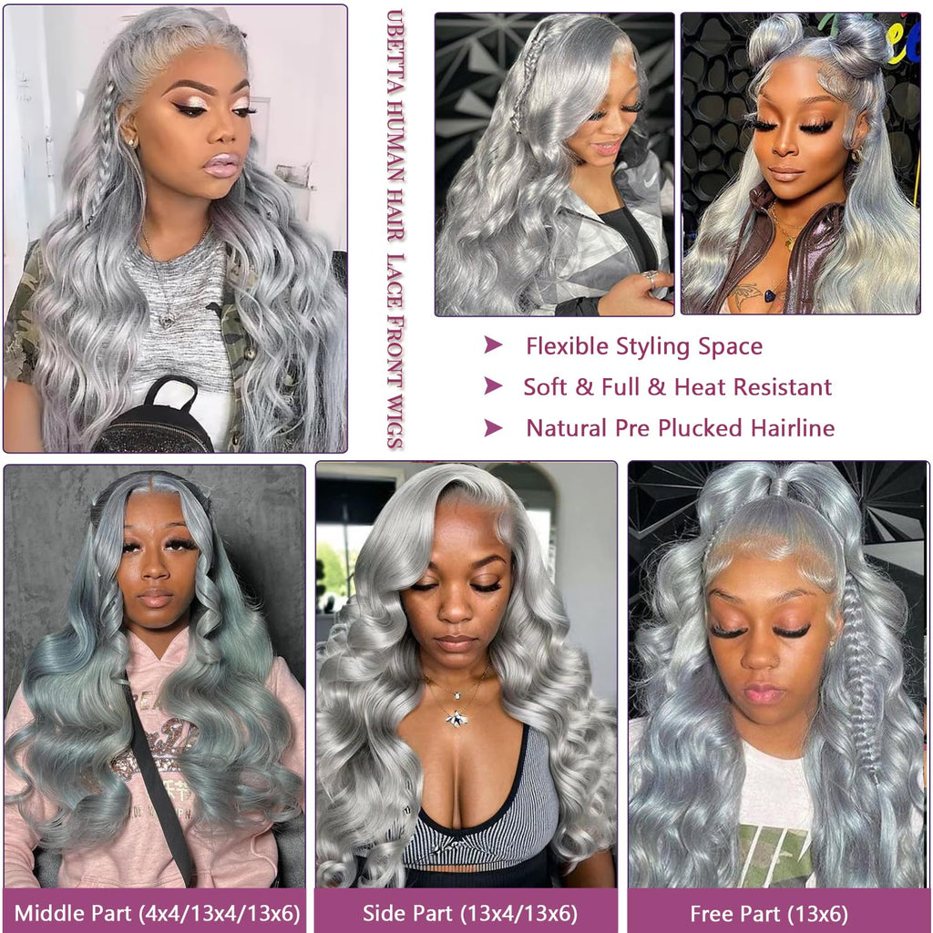 Coceioo Body Wave Grey Lace Front Wigs Human Hair, 13x6 Gray Lace Front Wig Human Hair, Glueless Silver Grey Wig Human Hair Pre Plucked 30 Inch Body Wave Gray Wigs