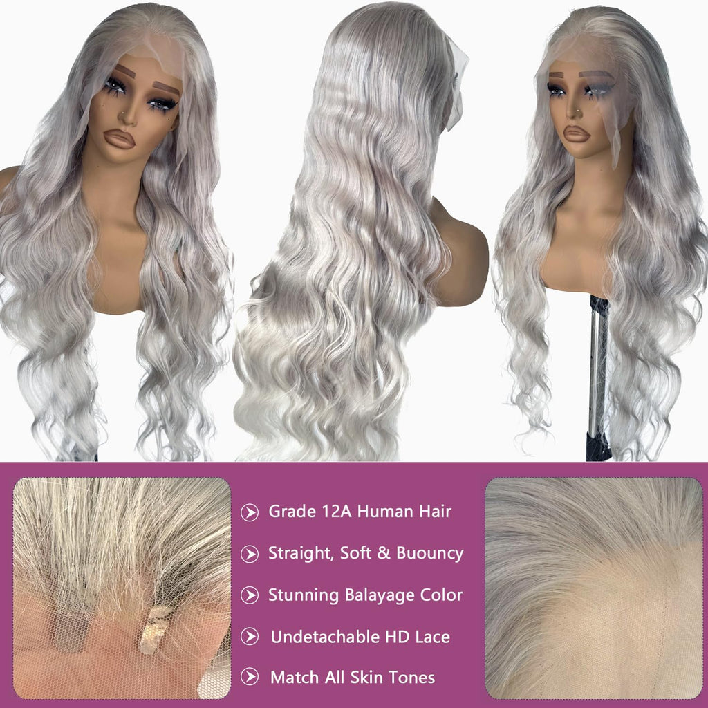 Coceioo Body Wave Grey Lace Front Wigs Human Hair, 13x6 Gray Lace Front Wig Human Hair, Glueless Silver Grey Wig Human Hair Pre Plucked 30 Inch Body Wave Gray Wigs