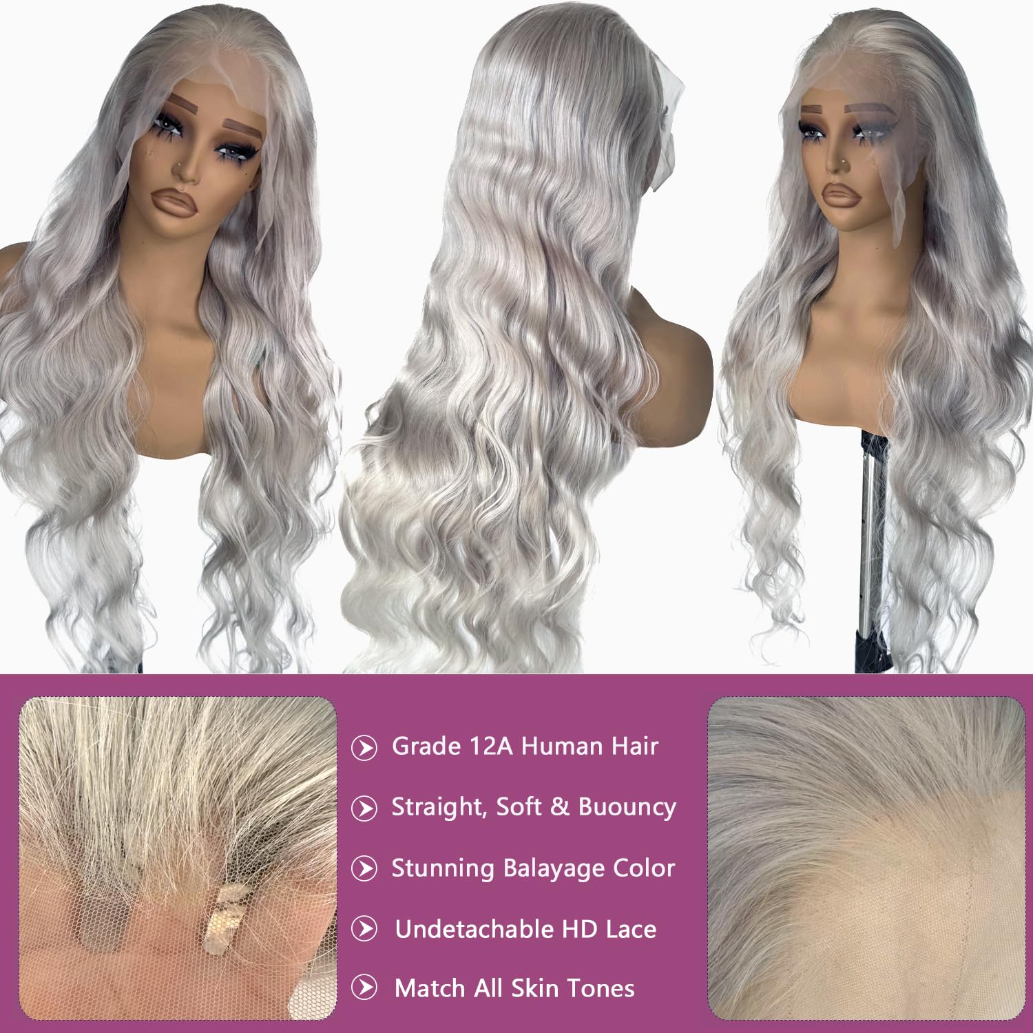 Coceioo Body Wave Grey Lace Front Wigs Human Hair, 13x6 Gray Lace Front Wig Human Hair, Glueless Silver Grey Wig Human Hair Pre Plucked 30 Inch Body Wave Gray Wigs