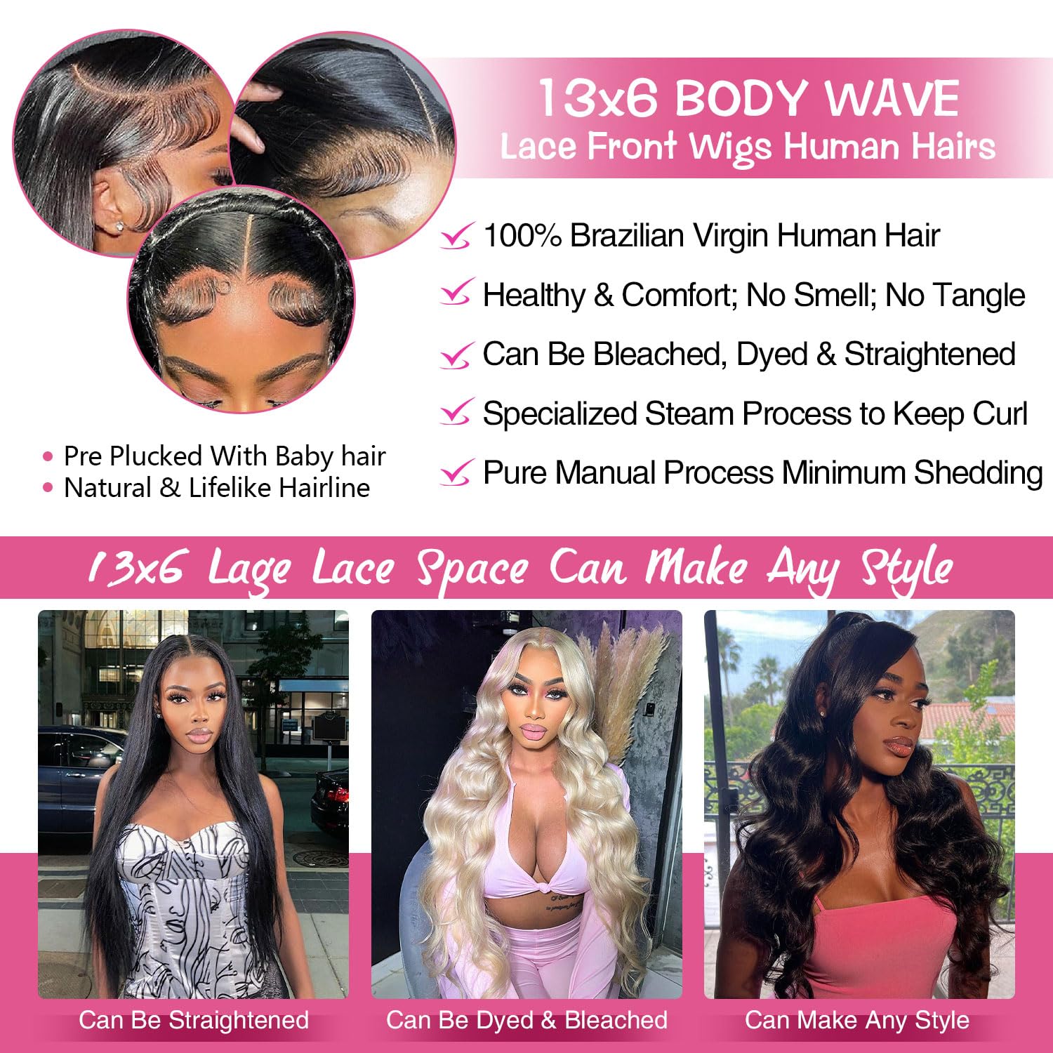 Coceioo™ Body Wave 13x6 Lace Front Wigs Human Hair Pre Plucked 200% Density HD Lace Front Wigs Human Hair Transparent Frontal Wigs Virgin Human Hair with Baby Hair for Women Natural Black