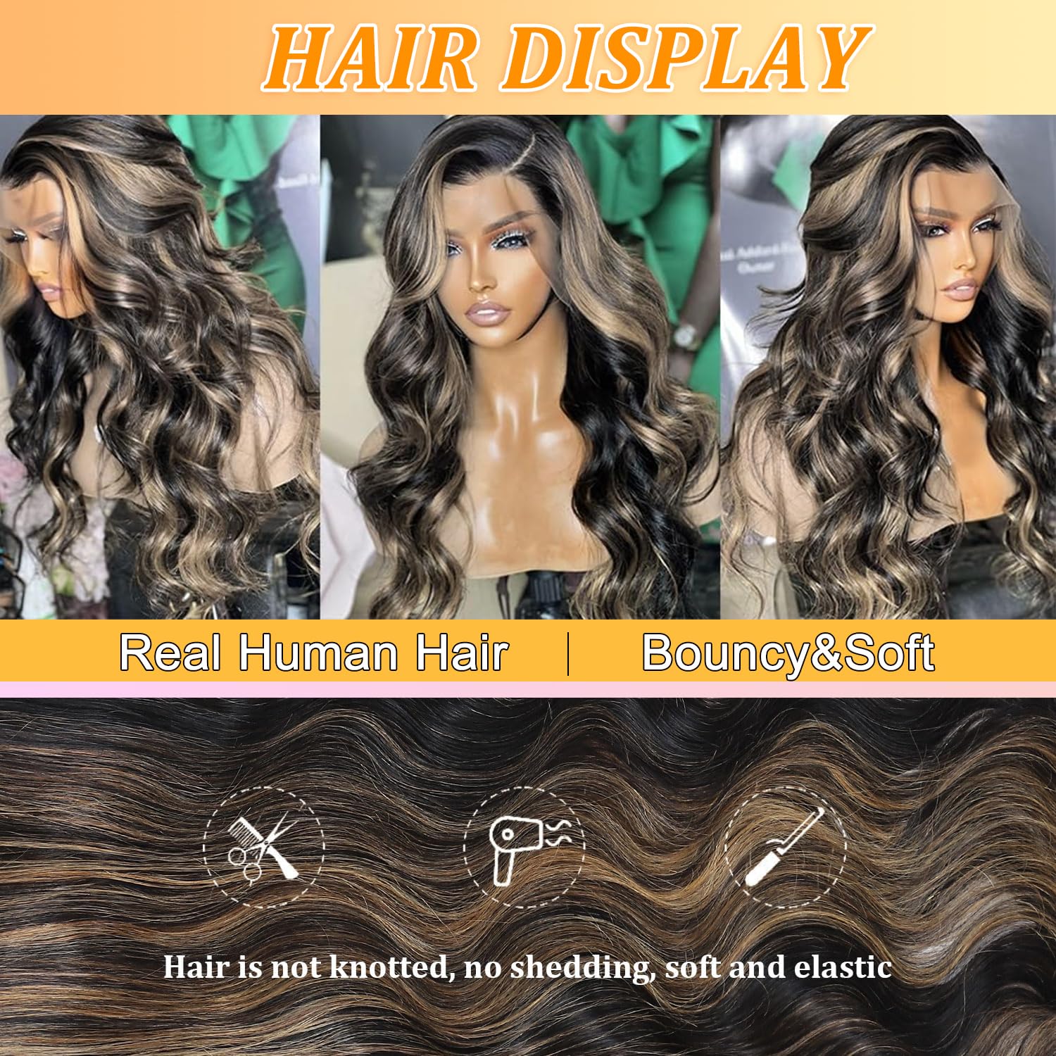 Coceioo™ 13x6 1B/27 Highlight Ombre Lace Front Wig Human Hair Pre Plucked 180% Density HD Highlighted Lace Front Wigs Human Hair Wigs Human Hair Blonde Lace Front Wig